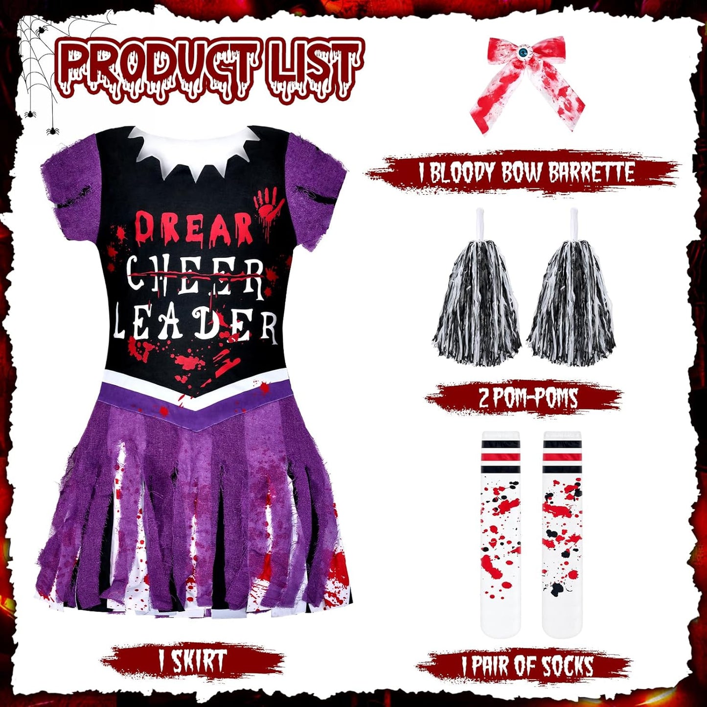 Zombie Cheerleader Costume for Girls Scary Cheerless Halloween Costumes Set,Kids Dead Cheerleading Outfit