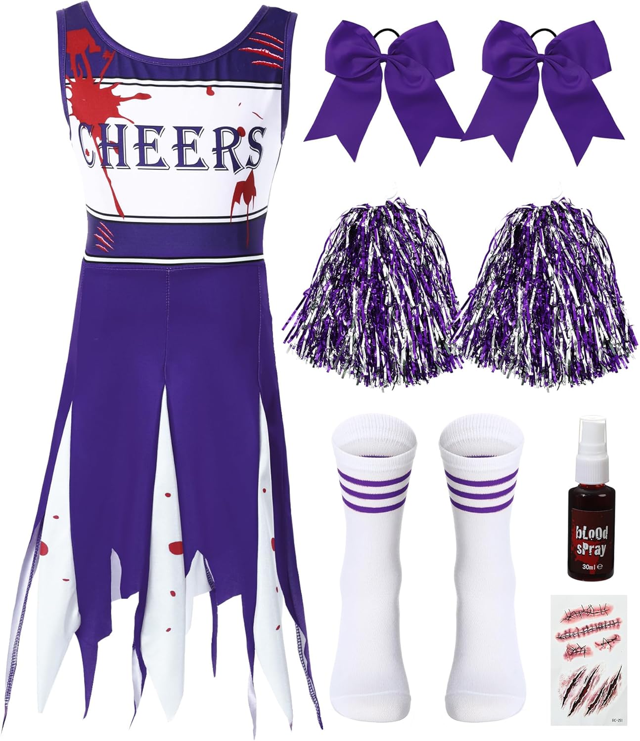5Pcs Halloween Zombie Cheerleader Costume Set Include Dress Socks Bow Hair Rings Scar Sticker Fake Blood Spray