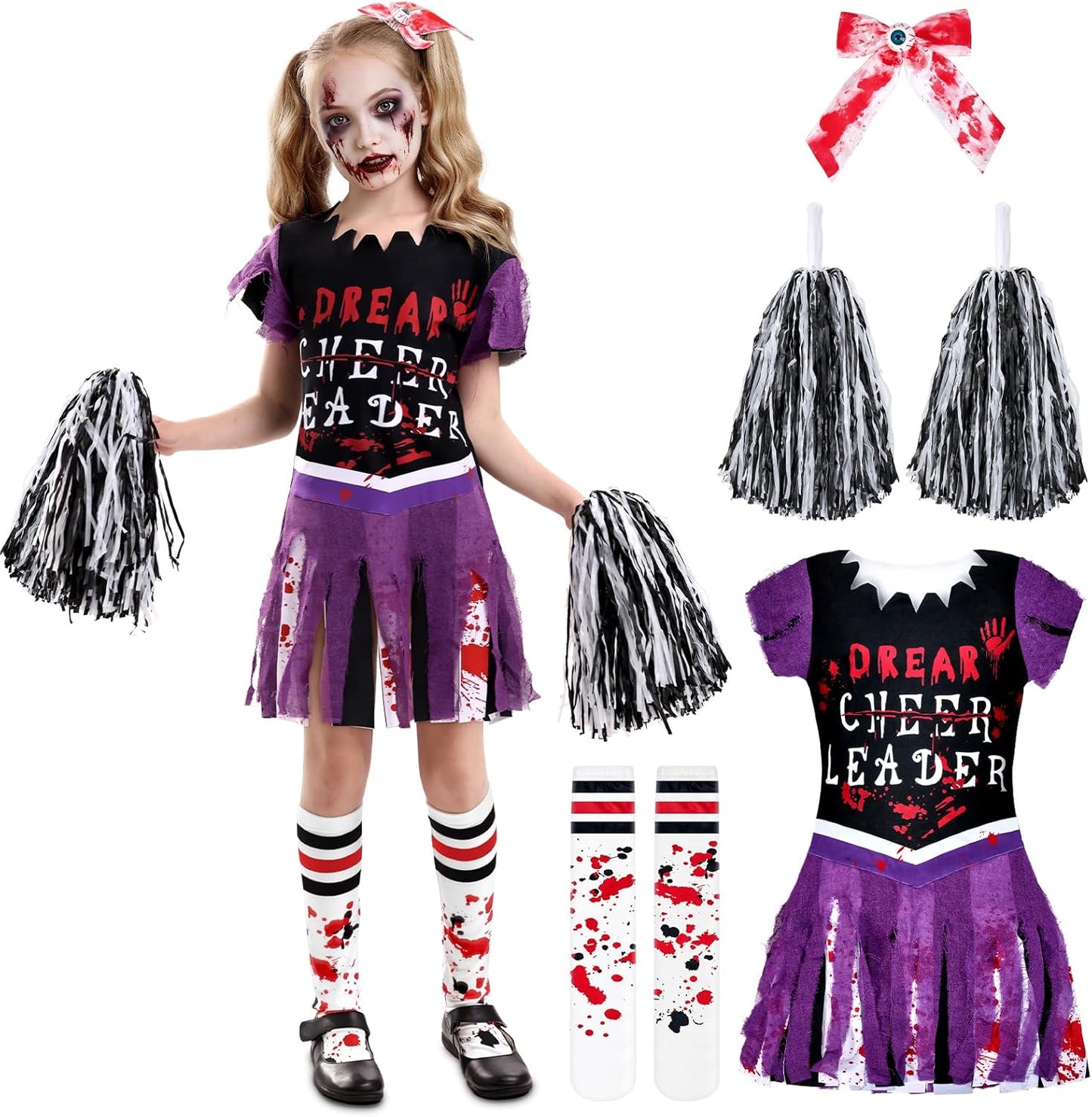 Zombie Cheerleader Costume for Girls Scary Cheerless Halloween Costumes Set,Kids Dead Cheerleading Outfit