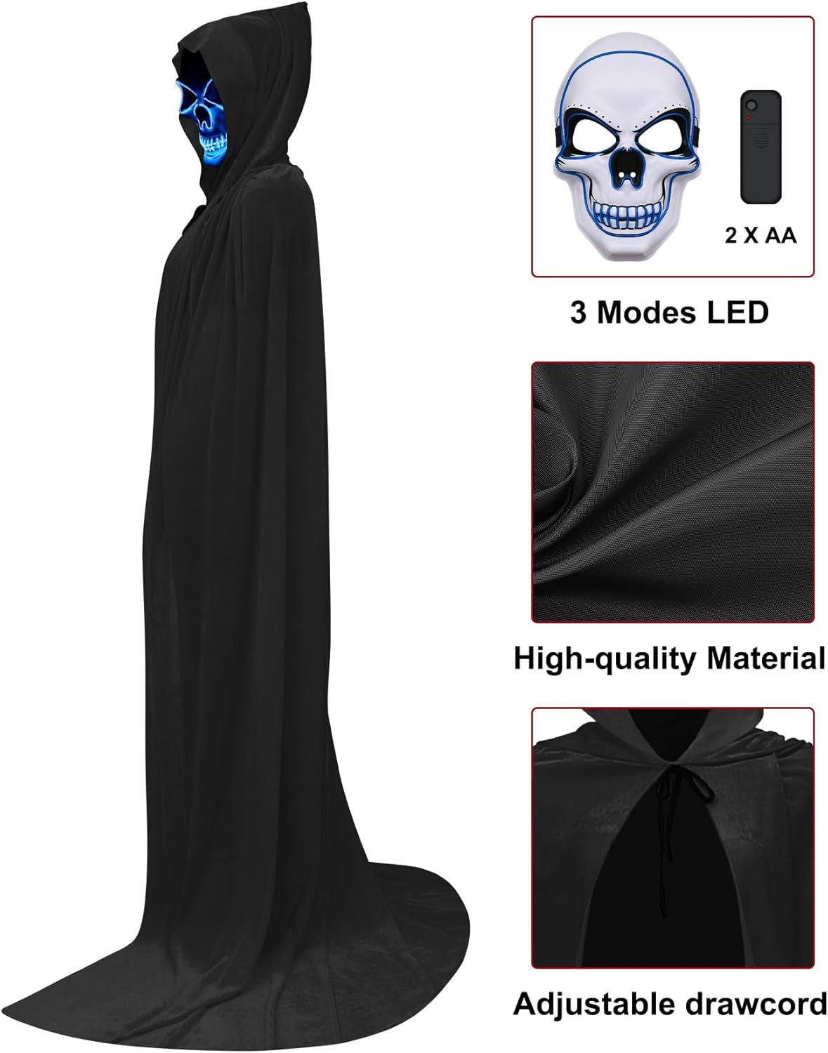 Halloween Costumes for Adults with Scary Light up Mask Cosplay Cape Costumes Cloak with Hood for Women Men