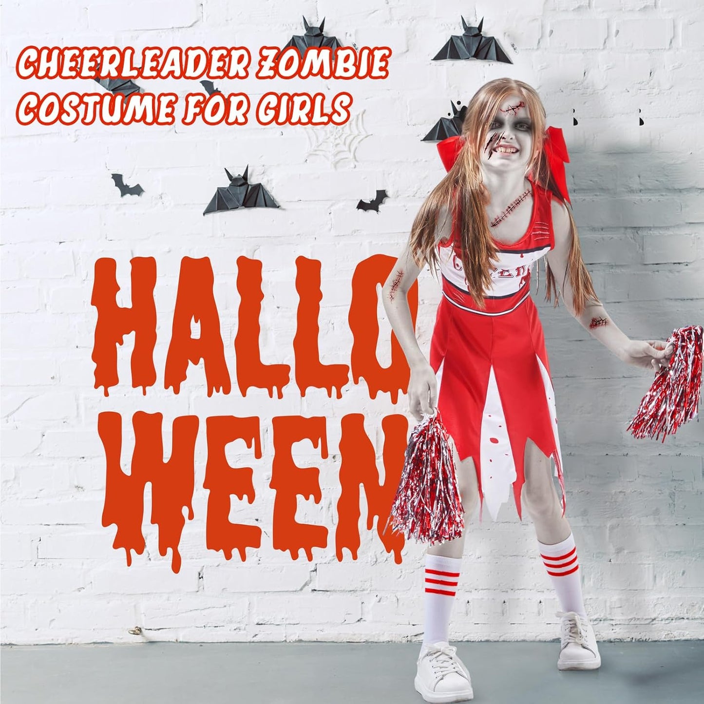 5Pcs Halloween Zombie Cheerleader Costume Set Include Dress Socks Bow Hair Rings Scar Sticker Fake Blood Spray