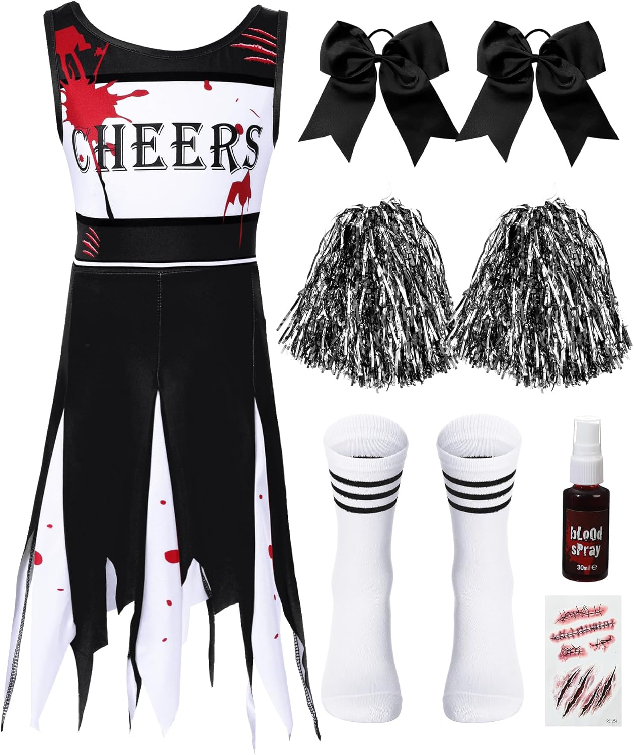 5Pcs Halloween Zombie Cheerleader Costume Set Include Dress Socks Bow Hair Rings Scar Sticker Fake Blood Spray