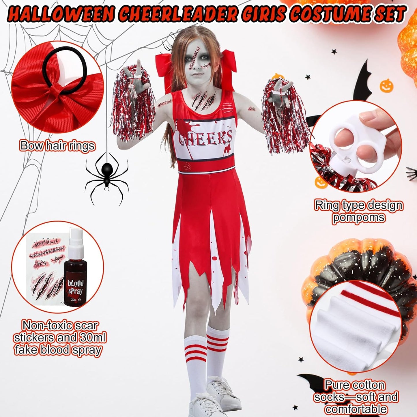 5Pcs Halloween Zombie Cheerleader Costume Set Include Dress Socks Bow Hair Rings Scar Sticker Fake Blood Spray