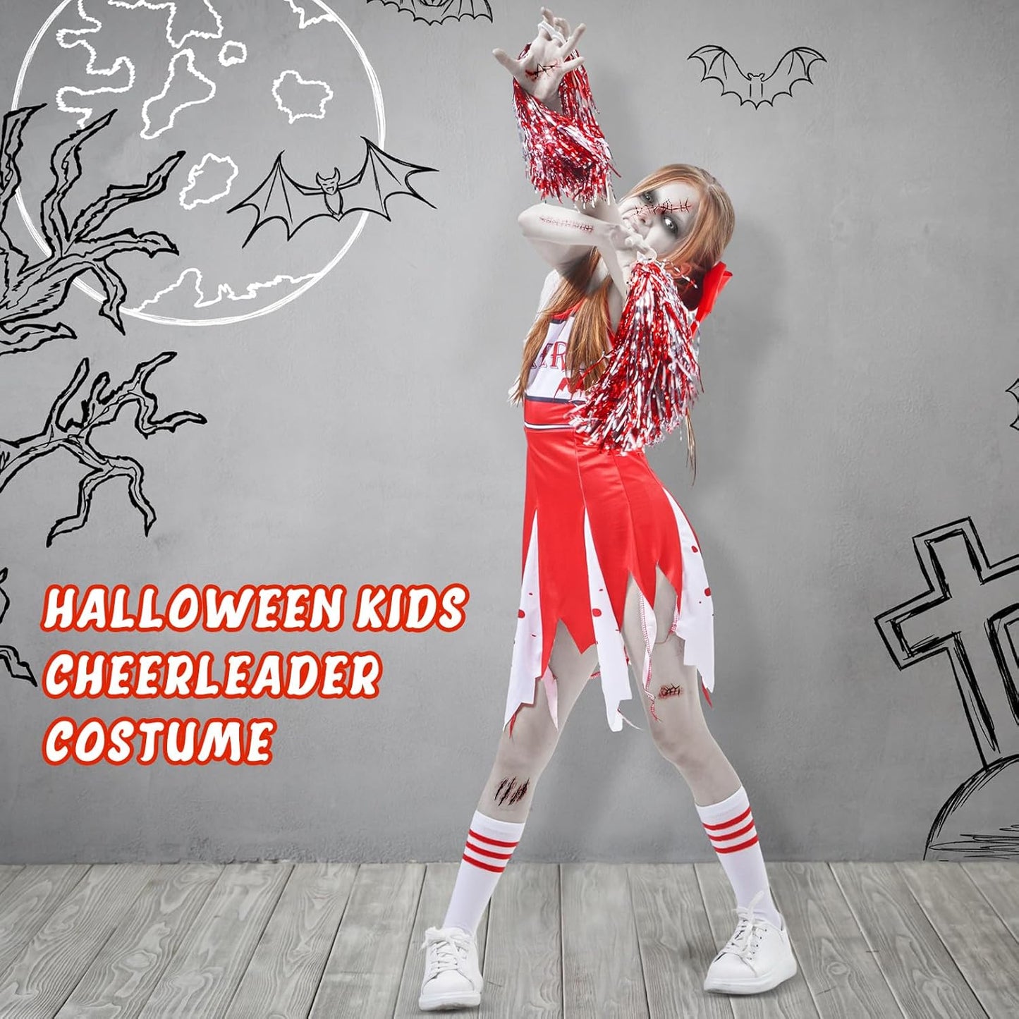 5Pcs Halloween Zombie Cheerleader Costume Set Include Dress Socks Bow Hair Rings Scar Sticker Fake Blood Spray