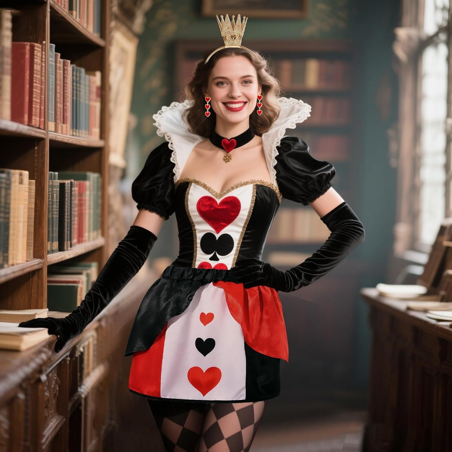 4PCS Halloween Queen Costume Red Black Heart Skirt Crown Headband Earings Gloves Anime Cosplay Party for Adult Women
