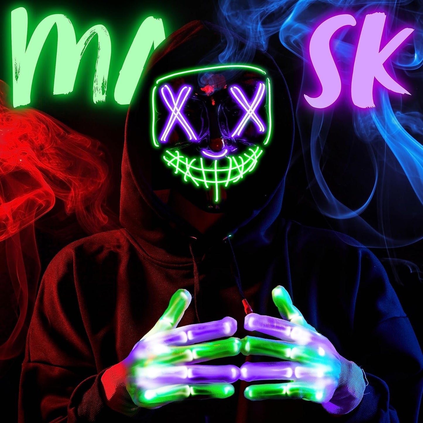 Halloween Led Mask, Light up Mask and Gloves for Cosplay Costume (Green & Purple), 3 Modes Scary Glow in the Dark Masks for Boys Girls Halloween Party Dress up Accessories, Gifts Giving