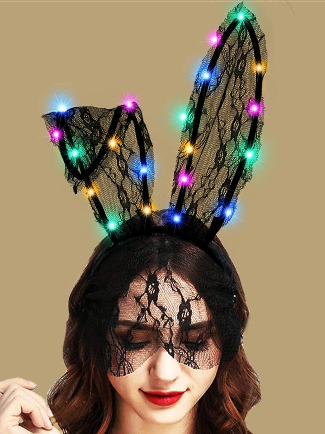 Lace Bunny Ears Light up Headband with Veil Led Black Sexy Hair Band Headpiece Halloween Masquerade Cosplay Costume Headwear Accessories for Women