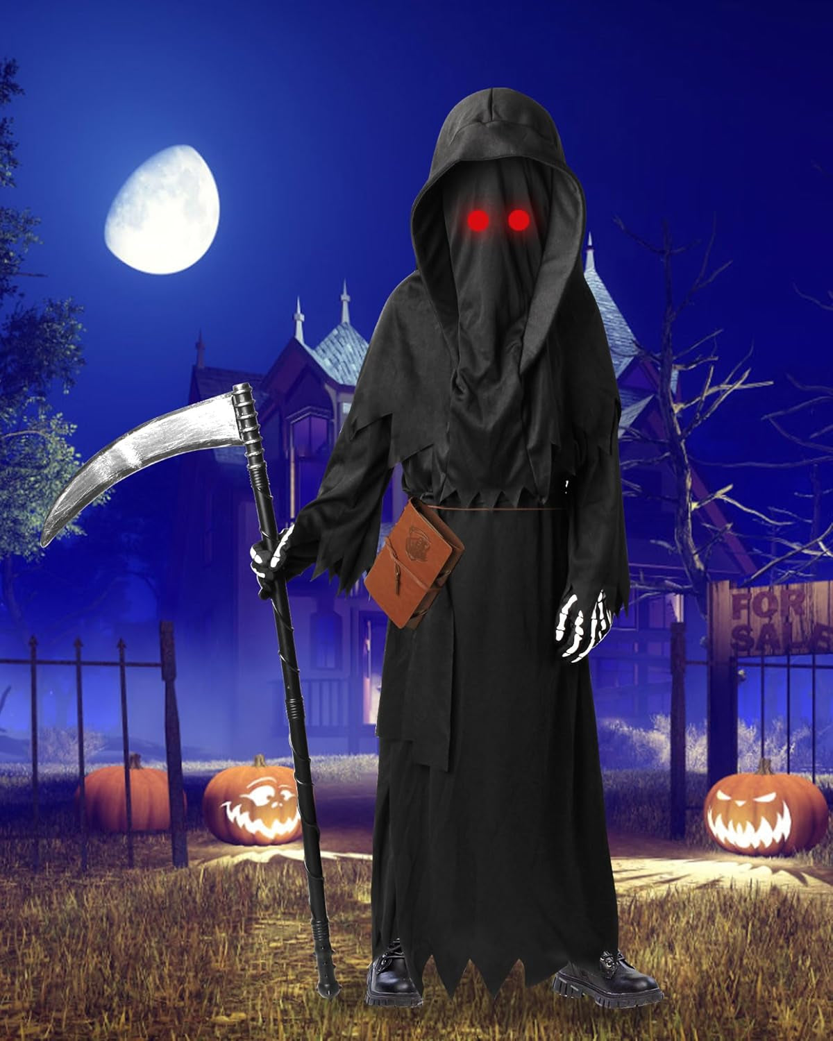 Grim Reaper Costume for Kids, Scary Halloween Costume for Boys with Glowing Red Eyes/Scythe/Notebook/Gloves