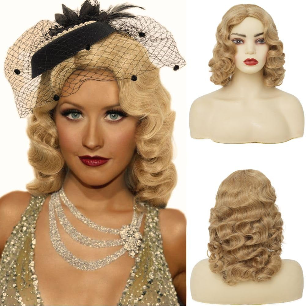 Short Blonde Curly Wigs for Women Honey Blonde Side Part Synthetic Wig Cosply Daily Halloween Wigs