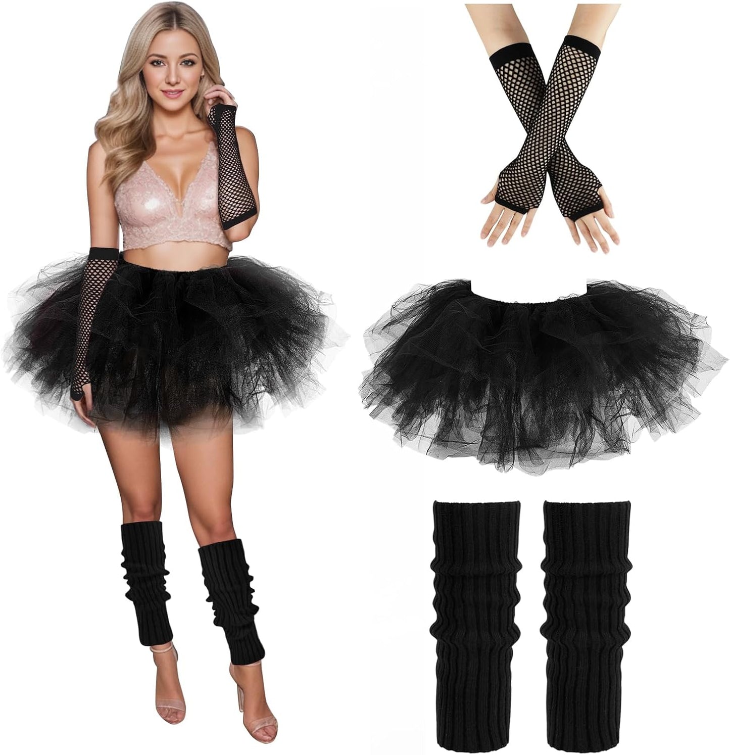 Tutu for Women Adults 6 Layered and Leg Warmers and Fingerless Gloves Festival Accessories for Ballet Dance Running