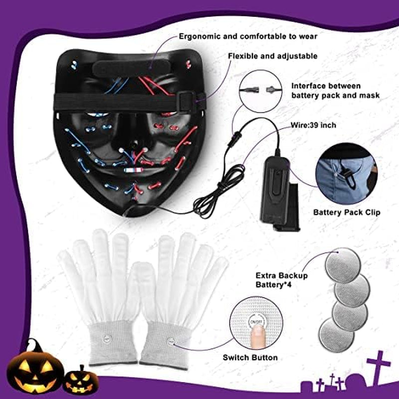 Halloween Glow Mask Skeleton Gloves Set, 3 Modes Light up Scary LED Mask with LED Glow Gloves, Halloween Costumes Glow Purge Masks