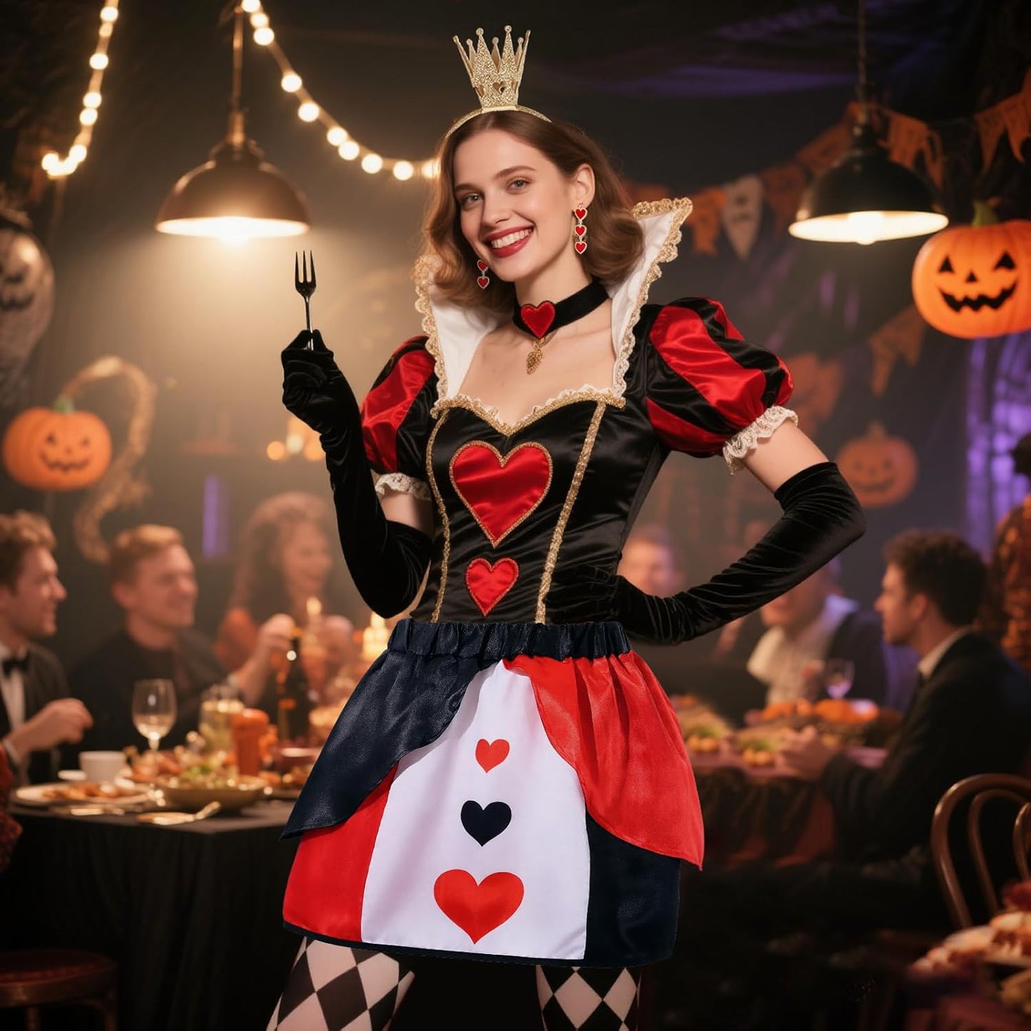 4PCS Halloween Queen Costume Red Black Heart Skirt Crown Headband Earings Gloves Anime Cosplay Party for Adult Women