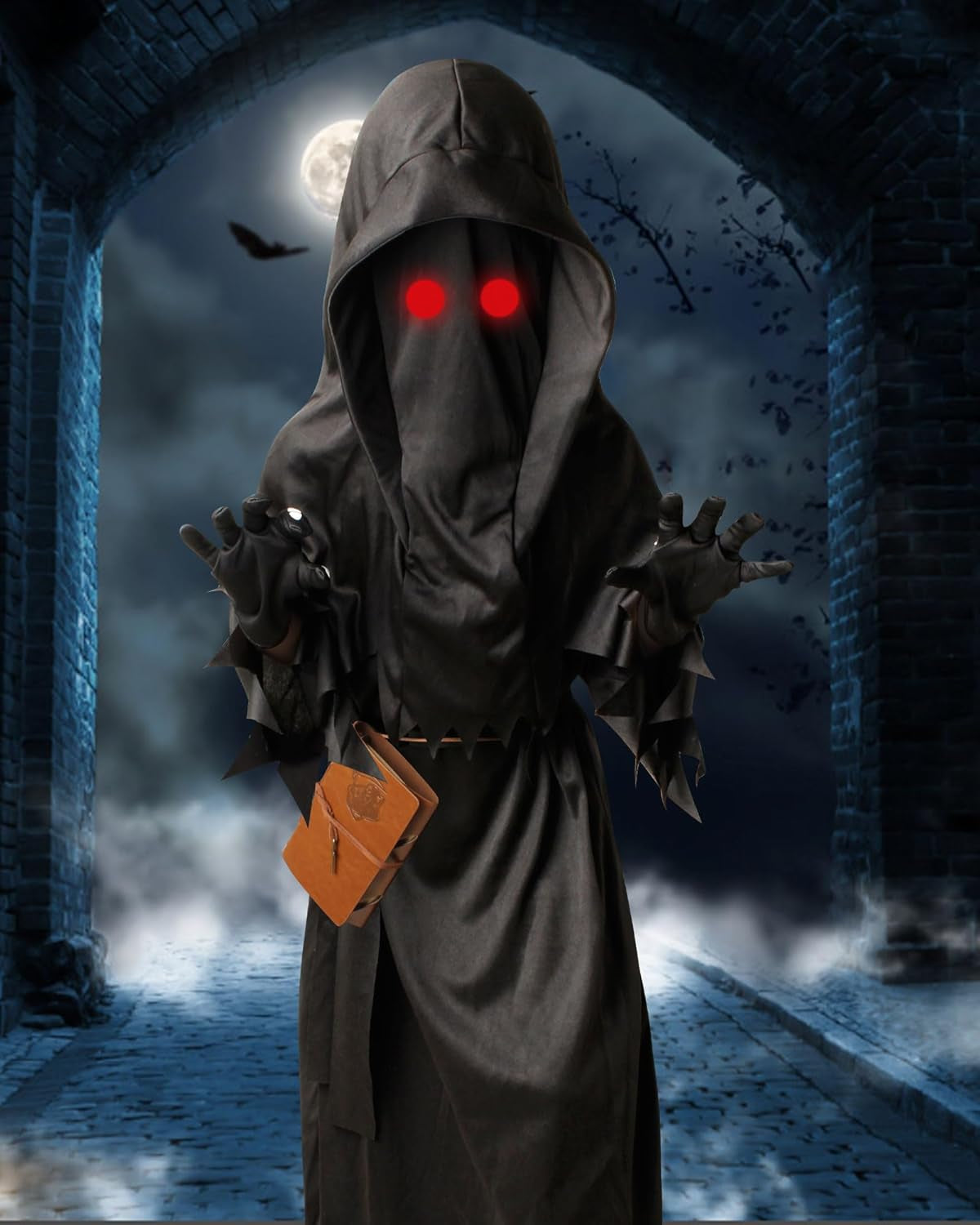 Grim Reaper Costume for Kids, Scary Halloween Costume for Boys with Glowing Red Eyes/Scythe/Notebook/Gloves