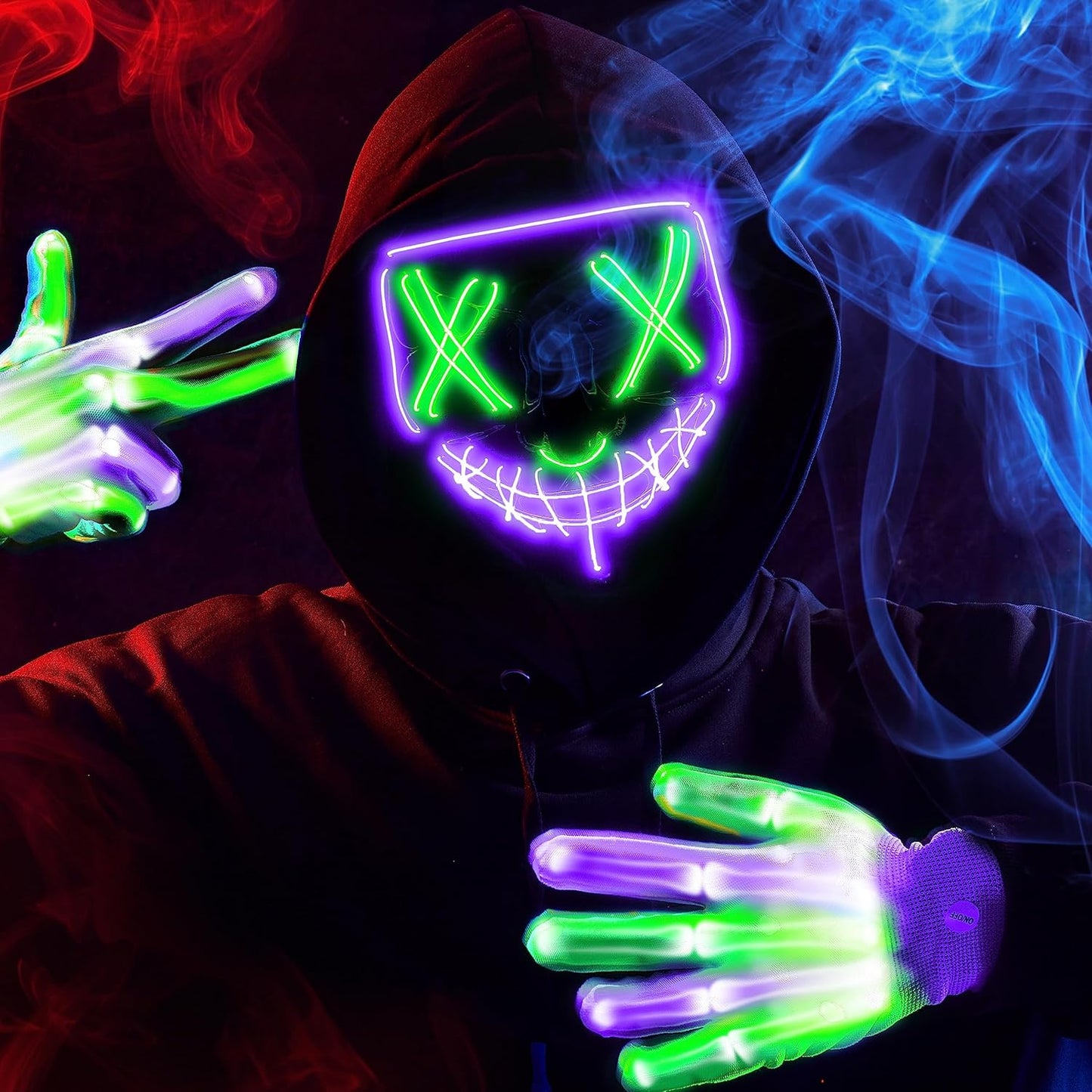Halloween Led Mask, Light up Mask and Gloves for Cosplay Costume (Green & Purple), 3 Modes Scary Glow in the Dark Masks for Boys Girls Halloween Party Dress up Accessories, Gifts Giving