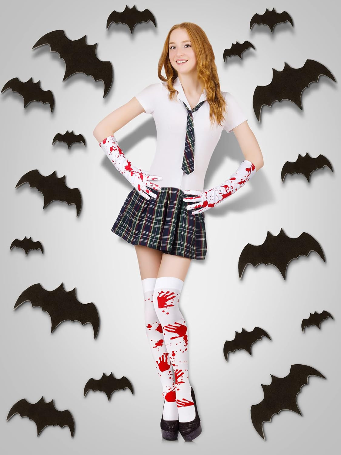 Women Stockings High Socks Gloves Set Halloween Party Cosplay Costume Blood Stained Socks Bloody Socks for Scary Zombie Party Supplies