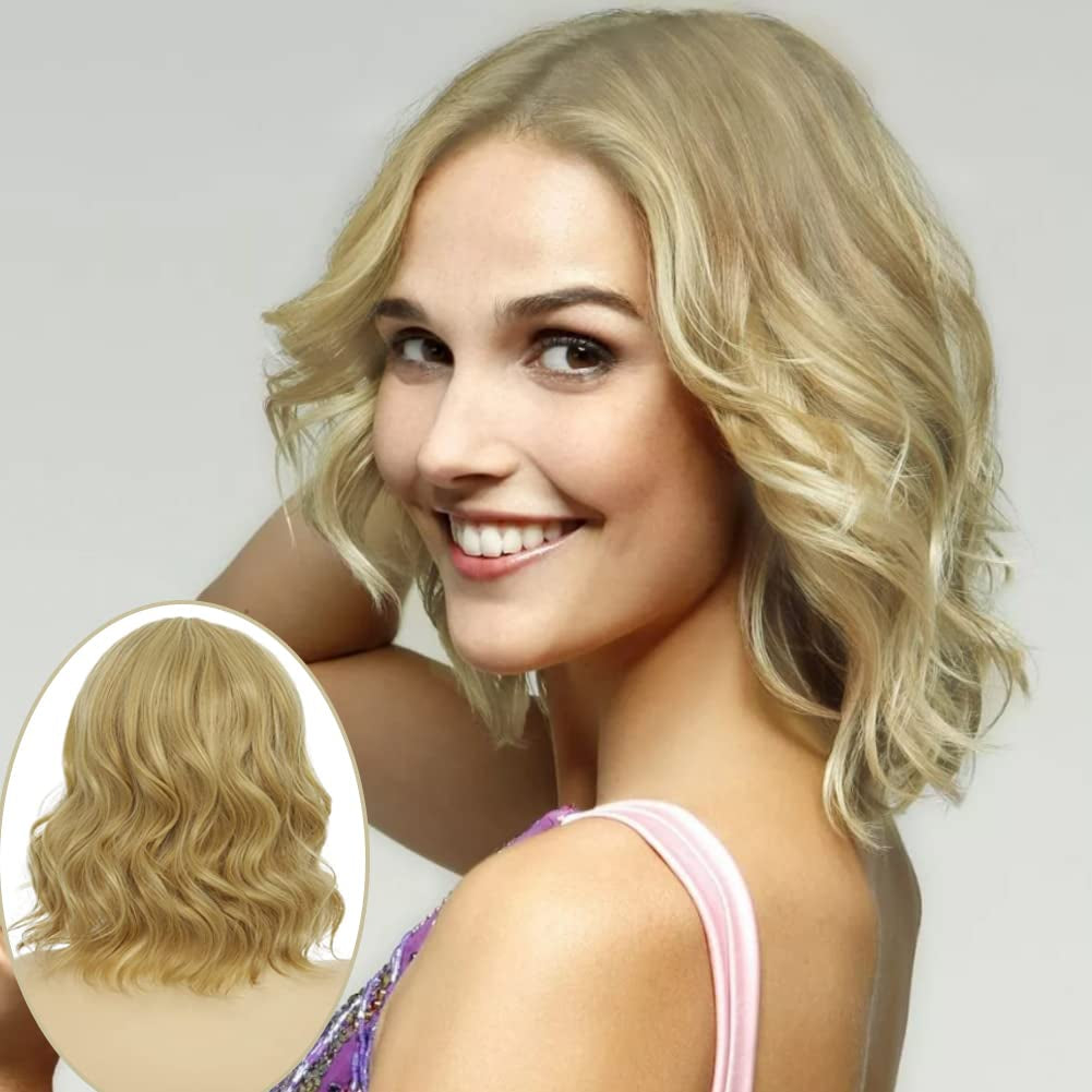 Short Blonde Curly Wigs for Women Honey Blonde Side Part Synthetic Wig Cosply Daily Halloween Wigs