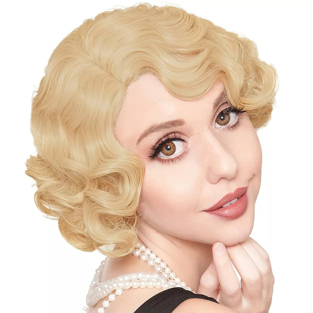 Short Blonde Curly Wigs for Women Honey Blonde Side Part Synthetic Wig Cosply Daily Halloween Wigs