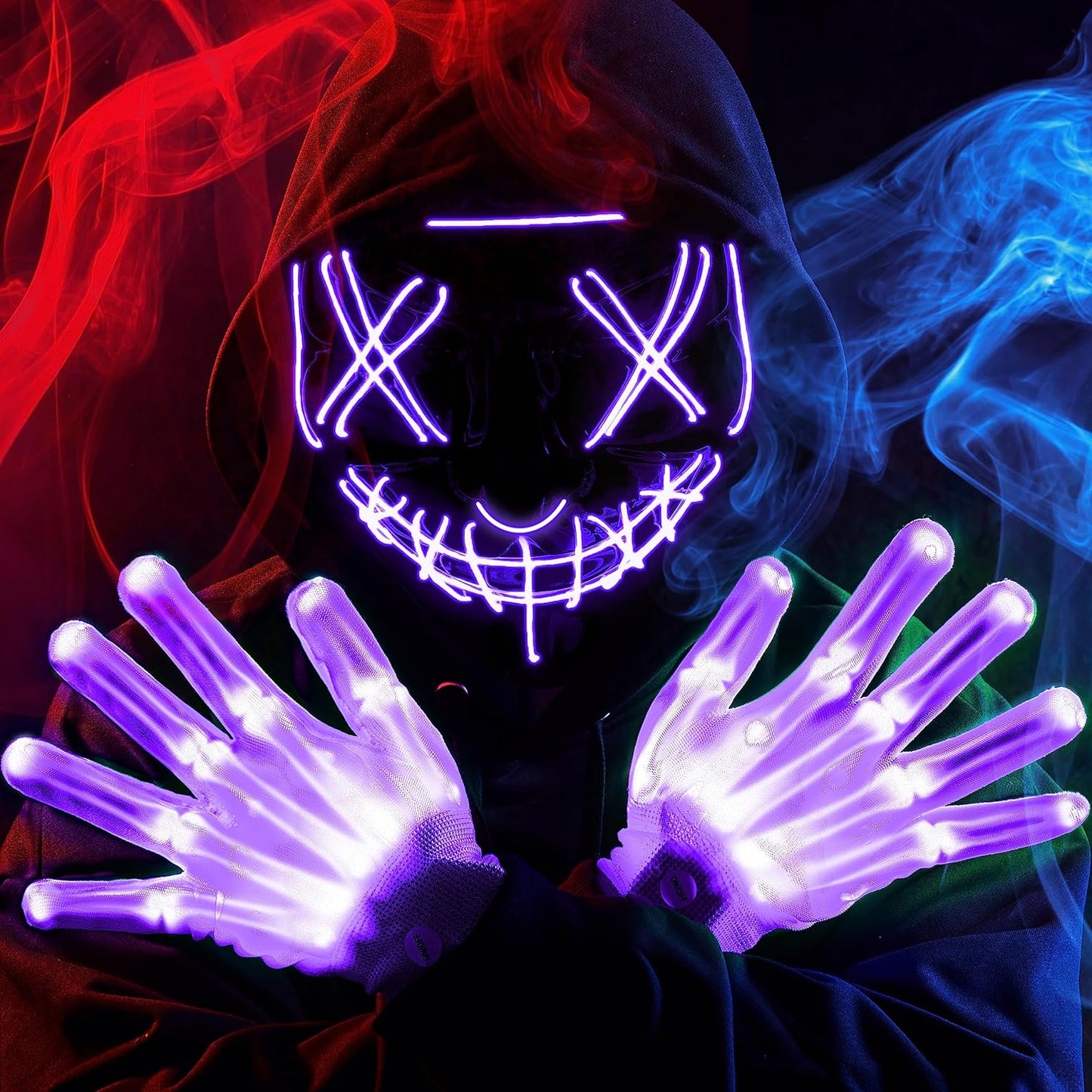 Halloween Led Mask, Light up Mask and Gloves for Cosplay Costume (Green & Purple), 3 Modes Scary Glow in the Dark Masks for Boys Girls Halloween Party Dress up Accessories, Gifts Giving