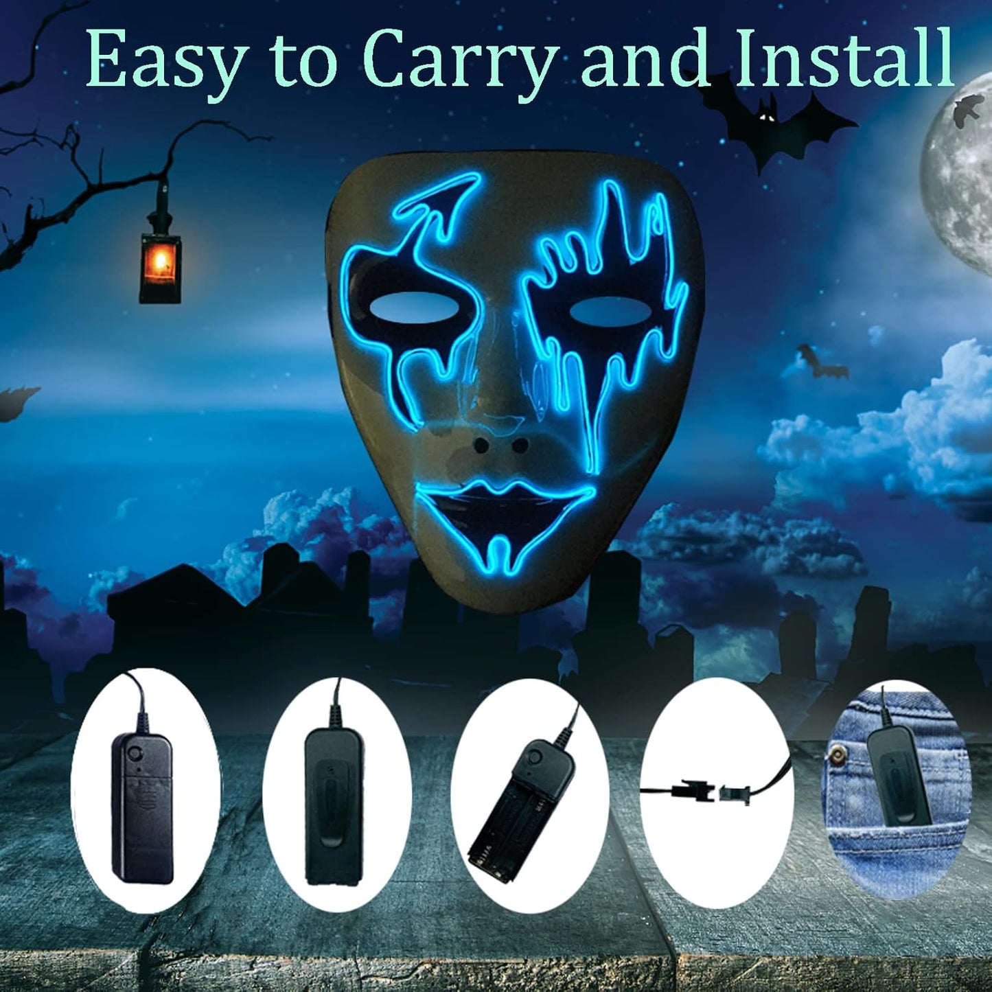Halloween Purge Mask LED Light-Up Masks - Scary Glowing Mask for Adults, Kids, Couples - EL Wire Party Festival Gift