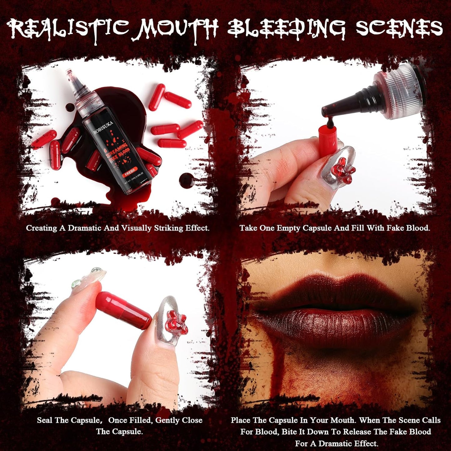 Halloween Makeup Fake Blood Kit- Washable Dark Spray + Fresh Dripping + Blood Thick Gel, Blood Capsule, Stipple Sponge & Soap, Realistic Scar Tattoo for SFX Zombie Clown Mouth Clothes