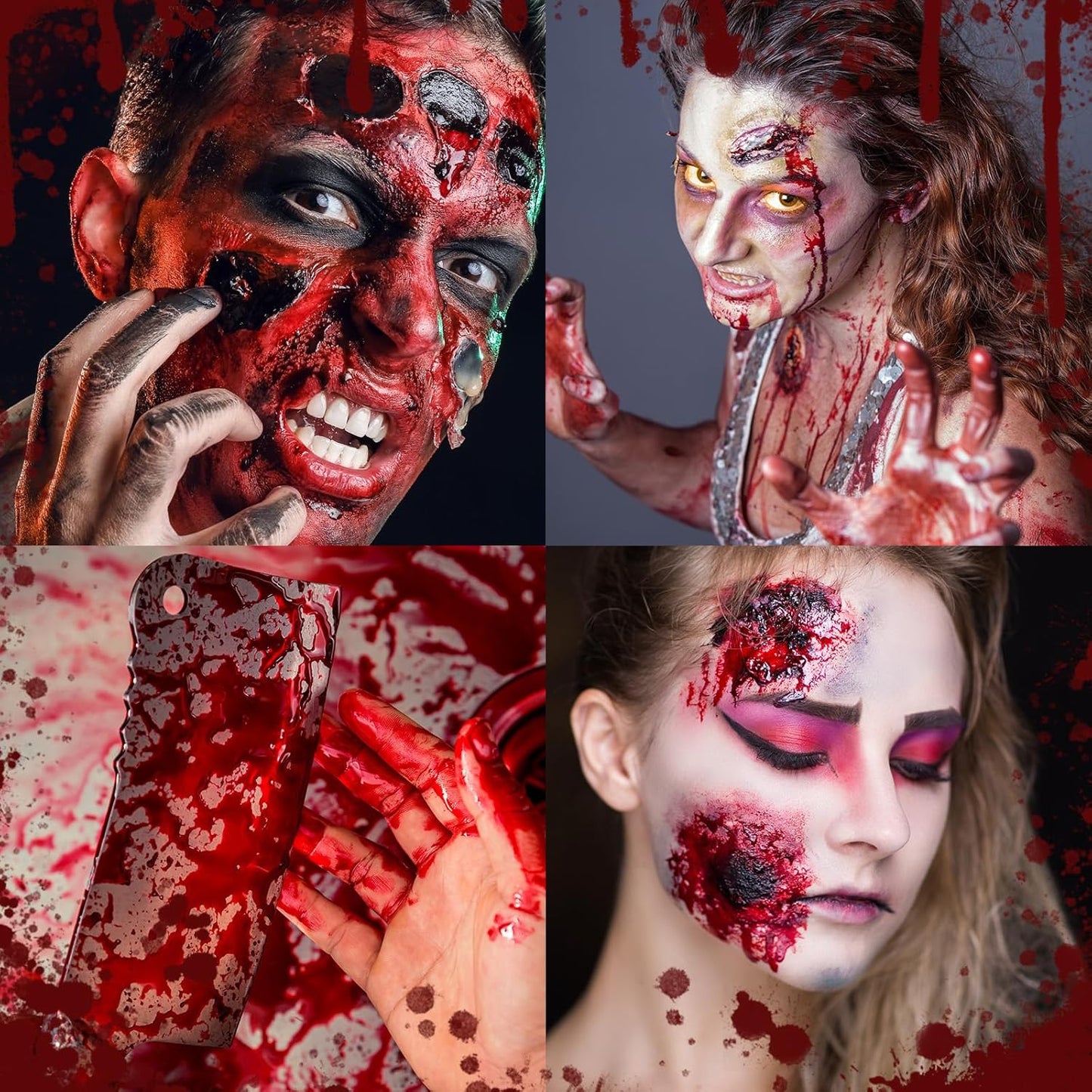 Halloween Makeup Fake Blood Kit- Washable Dark Spray + Fresh Dripping + Blood Thick Gel, Blood Capsule, Stipple Sponge & Soap, Realistic Scar Tattoo for SFX Zombie Clown Mouth Clothes