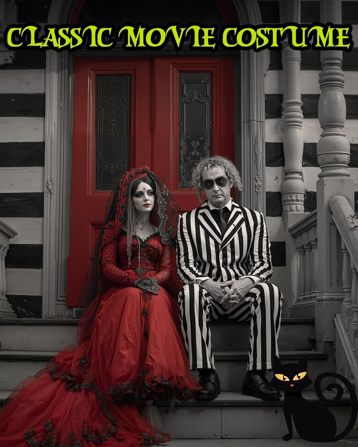 9 Pcs Halloween Adult Couple Costume Men'S Black and White Striped Suit Women'S Costume Cosplay Set Red Gothic Wedding