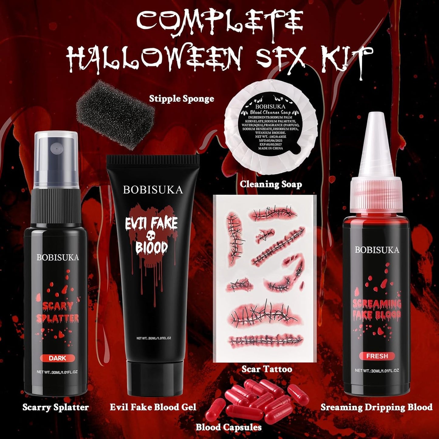 Halloween Makeup Fake Blood Kit- Washable Dark Spray + Fresh Dripping + Blood Thick Gel, Blood Capsule, Stipple Sponge & Soap, Realistic Scar Tattoo for SFX Zombie Clown Mouth Clothes