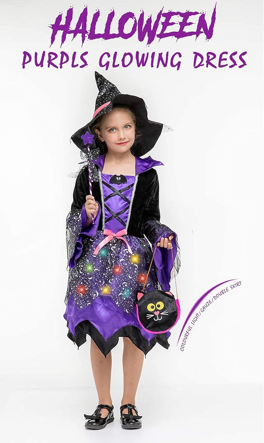 Girls Light-Up Witch Halloween Costumes Kids Fancy Dress Set