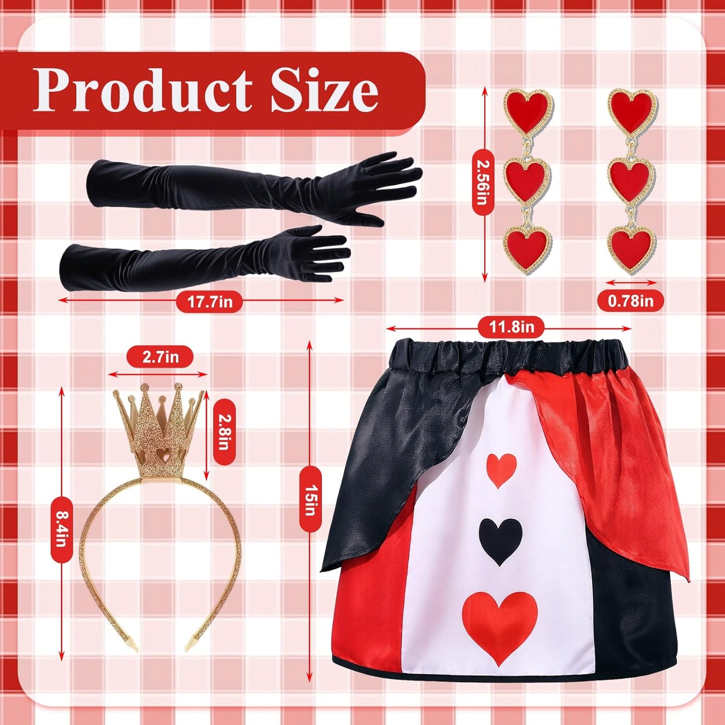 4PCS Halloween Queen Costume Red Black Heart Skirt Crown Headband Earings Gloves Anime Cosplay Party for Adult Women