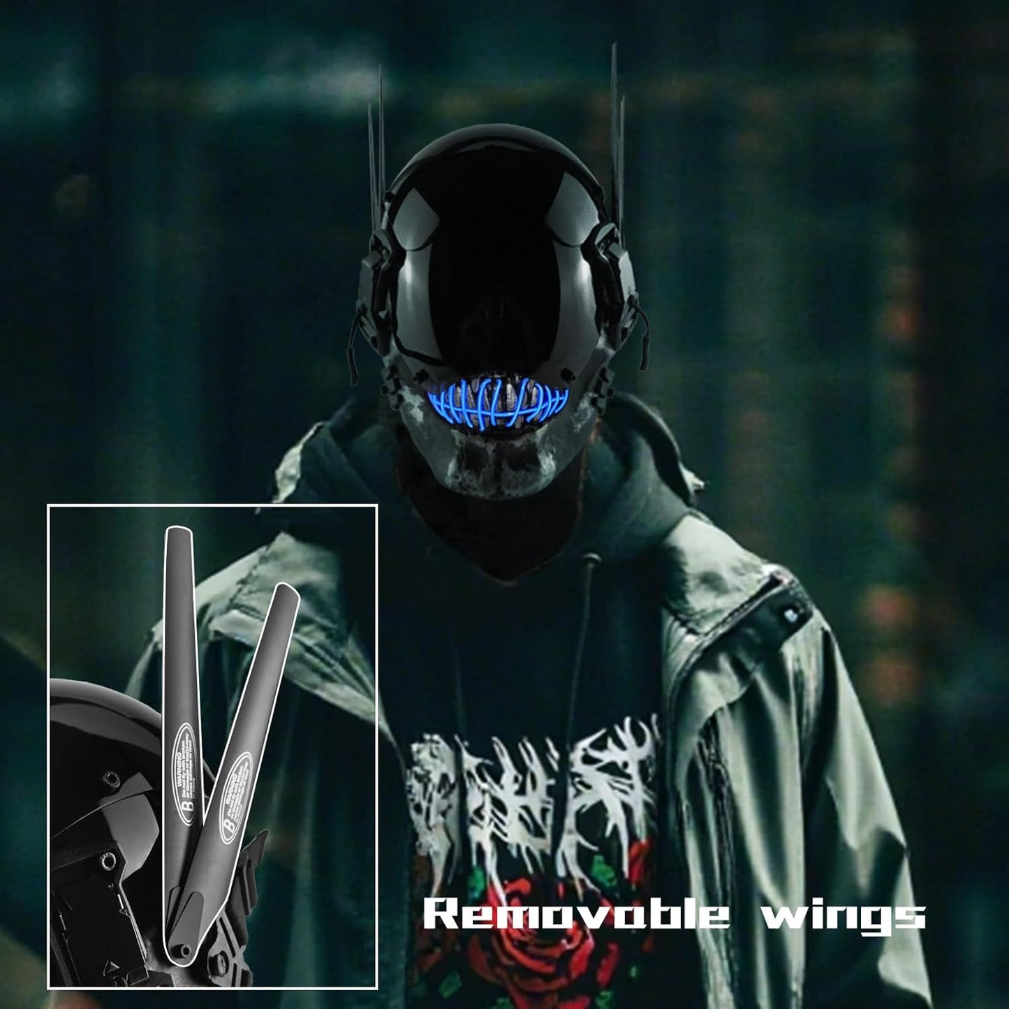 Punk Mask Cosplay for Men, Futuristic Skull Mask with LED Lights, Techwear Mask for Halloween Costume Cosplay Accessory