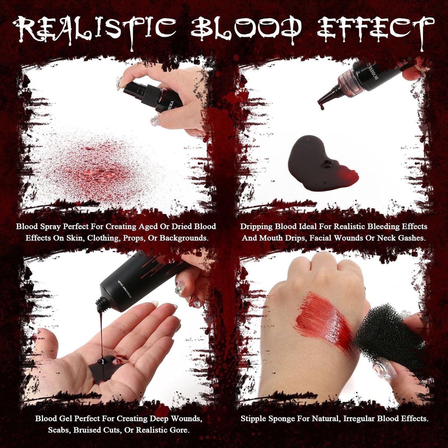Halloween Makeup Fake Blood Kit- Washable Dark Spray + Fresh Dripping + Blood Thick Gel, Blood Capsule, Stipple Sponge & Soap, Realistic Scar Tattoo for SFX Zombie Clown Mouth Clothes