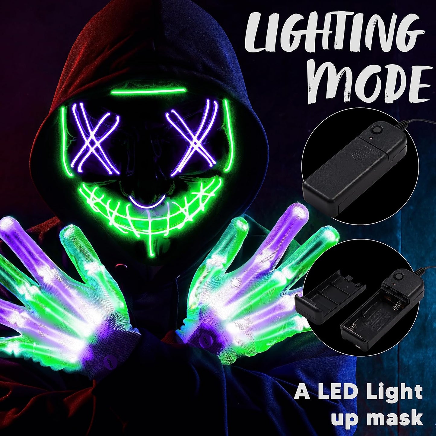 Halloween Led Mask, Light up Mask and Gloves for Cosplay Costume (Green & Purple), 3 Modes Scary Glow in the Dark Masks for Boys Girls Halloween Party Dress up Accessories, Gifts Giving