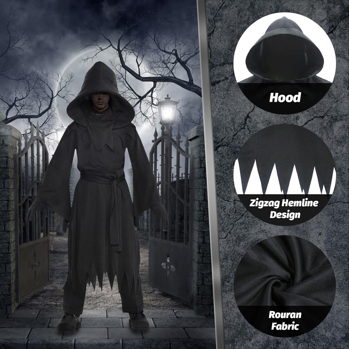 Grim Reaper Costume for Kids Boys - Black Robe with Hood, Ghost Phantom Halloween Scary Cool Reaper Cloak