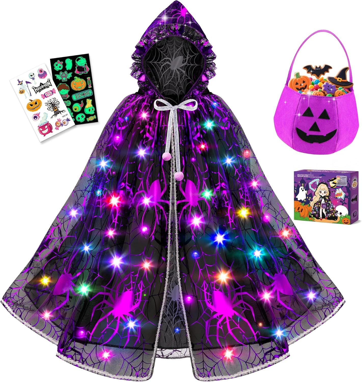 Light up Witch Cape, Halloween Costumes for Girls Halloweens Dress up with Trick or Treat Bag for Girl 3 4 5 6