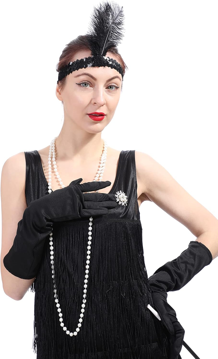 Women'S 1920S Fringed Flapper Costume with Feather Headband,Beaded Necklace