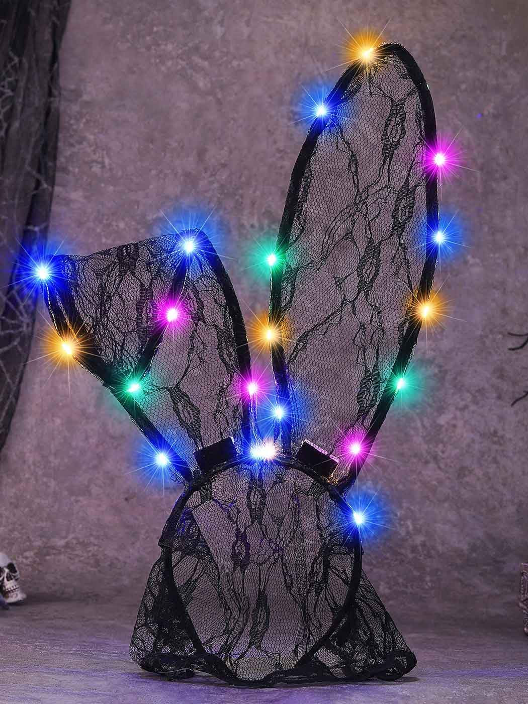 Lace Bunny Ears Light up Headband with Veil Led Black Sexy Hair Band Headpiece Halloween Masquerade Cosplay Costume Headwear Accessories for Women