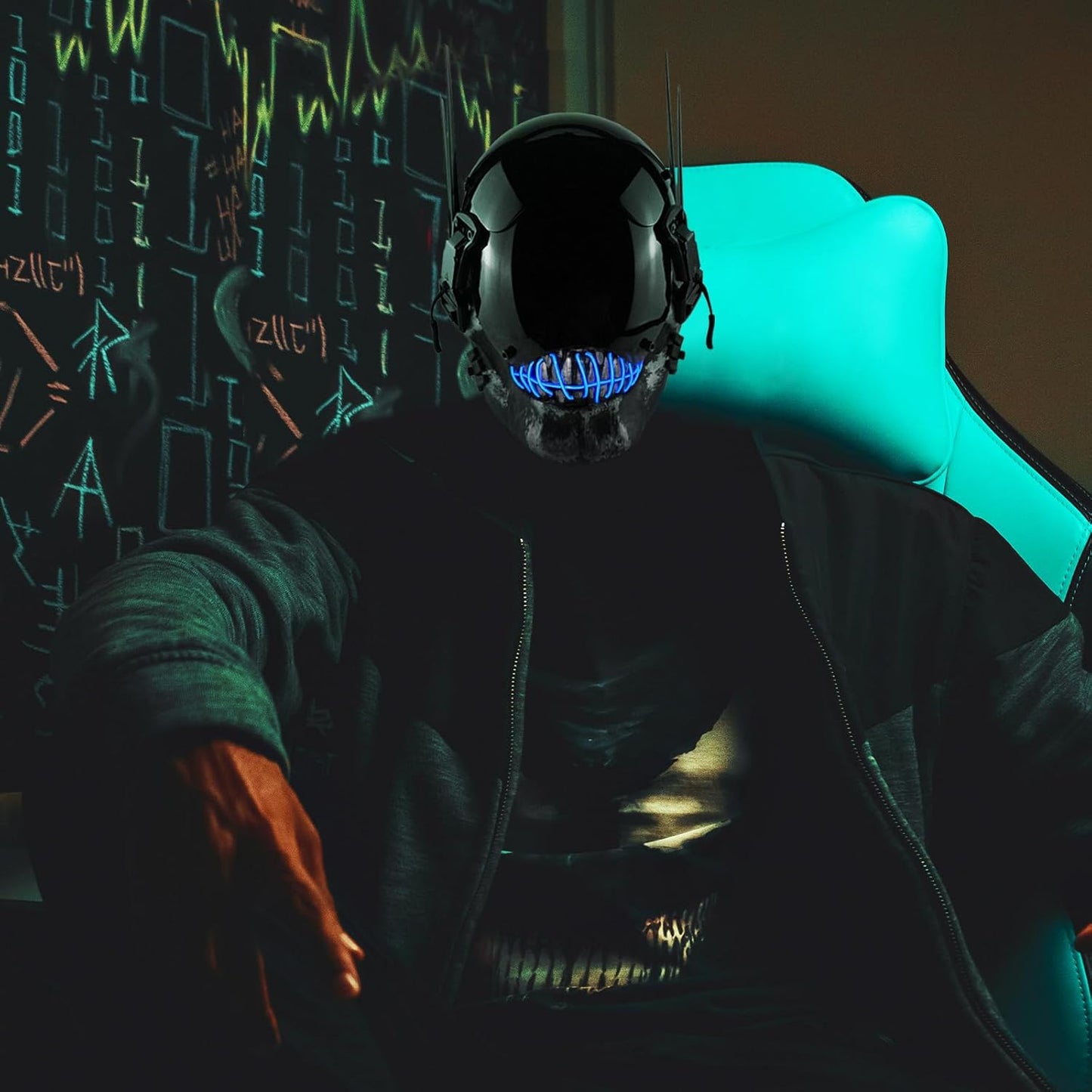 Punk Mask Cosplay for Men, Futuristic Skull Mask with LED Lights, Techwear Mask for Halloween Costume Cosplay Accessory