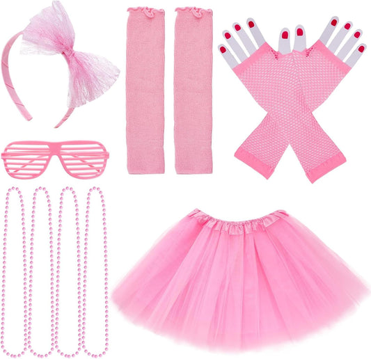 80S Costume Accessories Outfits for Girls Kids Tutu Skirt Leg Warmers Fishnet Gloves Shutter Glass Headband Necklace Pink