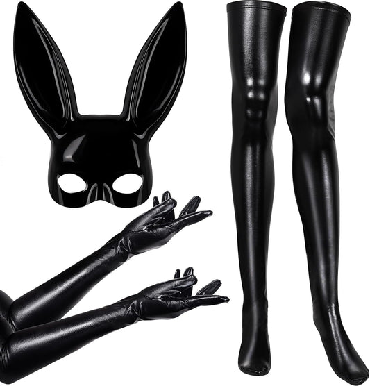5 Pieces Women Halloween Costume Set Elastic Shiny Wet Look Long Gloves Black Wet Thigh High Stockings Rabbit Ears Masquerade Cover for Halloween Cosplay Party, Multicoloured, One Size