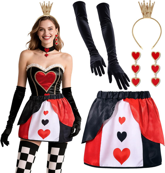 4PCS Halloween Queen Costume Red Black Heart Skirt Crown Headband Earings Gloves Anime Cosplay Party for Adult Women