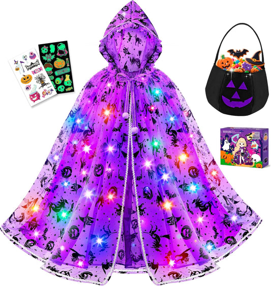 Light up Witch Cape, Halloween Costumes for Girls Halloweens Dress up with Trick or Treat Bag for Girl 3 4 5 6