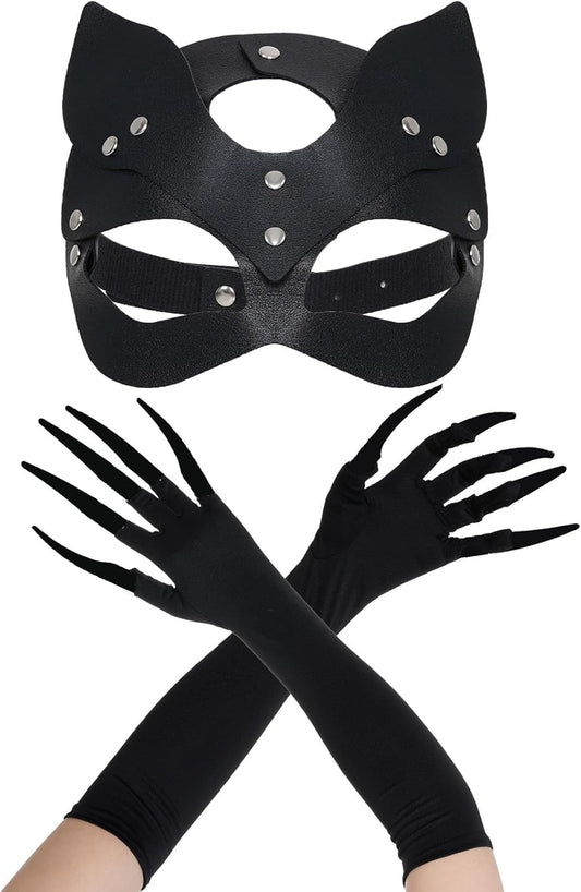 Long Finger Claw Gloves Mask Set Long Nail Gloves Black Leather Face Mask Accessories for Women Halloween Prop Cosplay Costume
