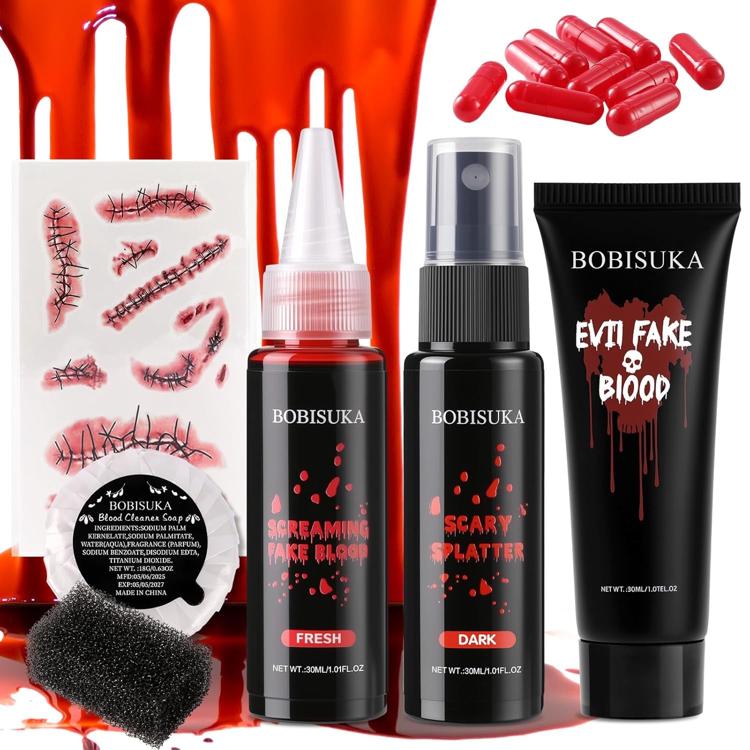 Halloween Makeup Fake Blood Kit- Washable Dark Spray + Fresh Dripping + Blood Thick Gel, Blood Capsule, Stipple Sponge & Soap, Realistic Scar Tattoo for SFX Zombie Clown Mouth Clothes