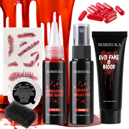 Halloween Makeup Fake Blood Kit- Washable Dark Spray + Fresh Dripping + Blood Thick Gel, Blood Capsule, Stipple Sponge & Soap, Realistic Scar Tattoo for SFX Zombie Clown Mouth Clothes