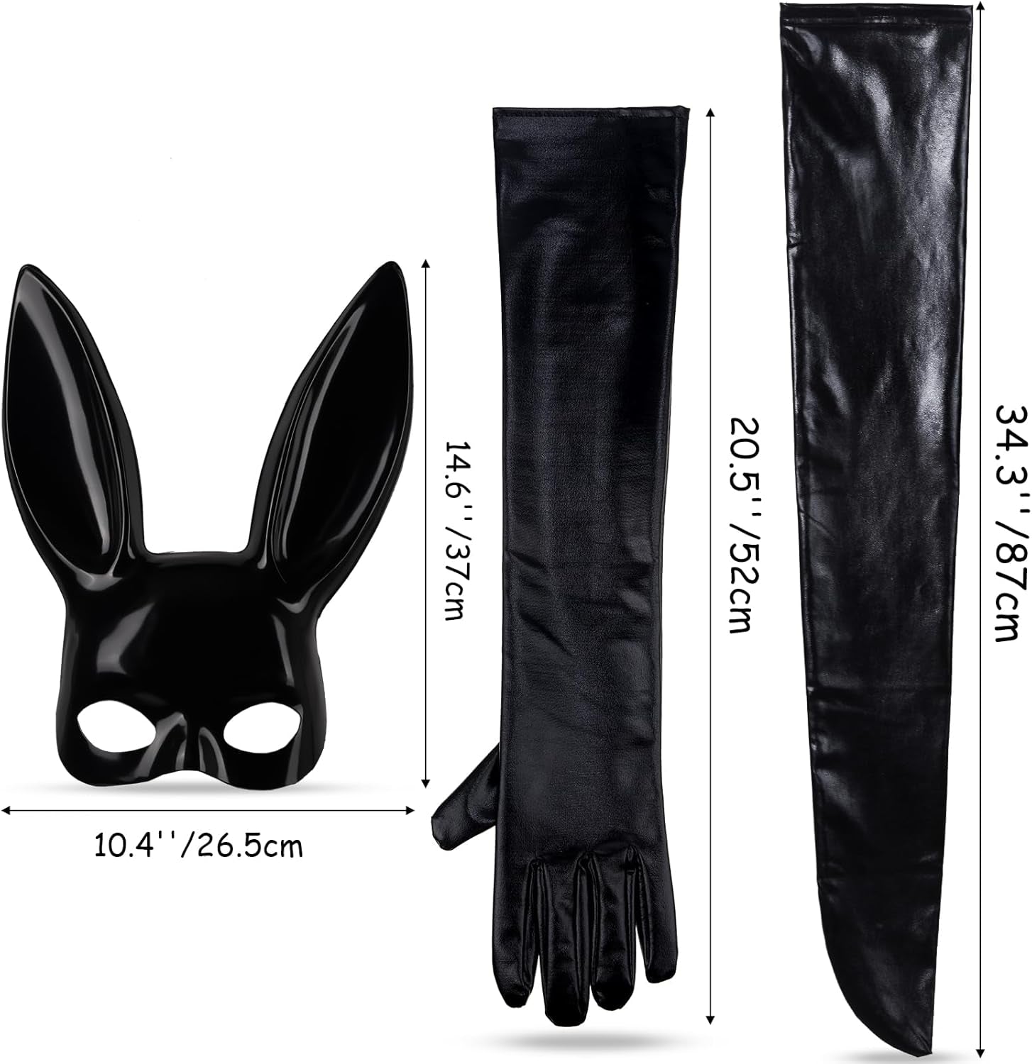 5 Pieces Women Halloween Costume Set Elastic Shiny Wet Look Long Gloves Black Wet Thigh High Stockings Rabbit Ears Masquerade Cover for Halloween Cosplay Party, Multicoloured, One Size