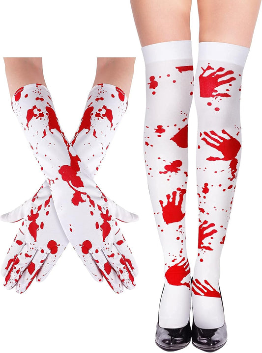 Women Stockings High Socks Gloves Set Halloween Party Cosplay Costume Blood Stained Socks Bloody Socks for Scary Zombie Party Supplies