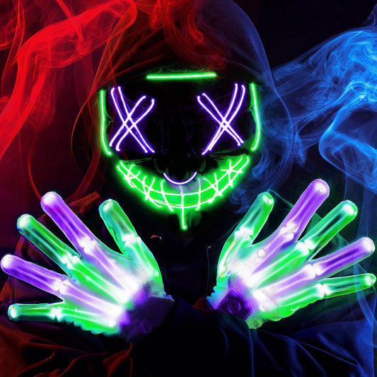 Halloween Led Mask, Light up Mask and Gloves for Cosplay Costume (Green & Purple), 3 Modes Scary Glow in the Dark Masks for Boys Girls Halloween Party Dress up Accessories, Gifts Giving
