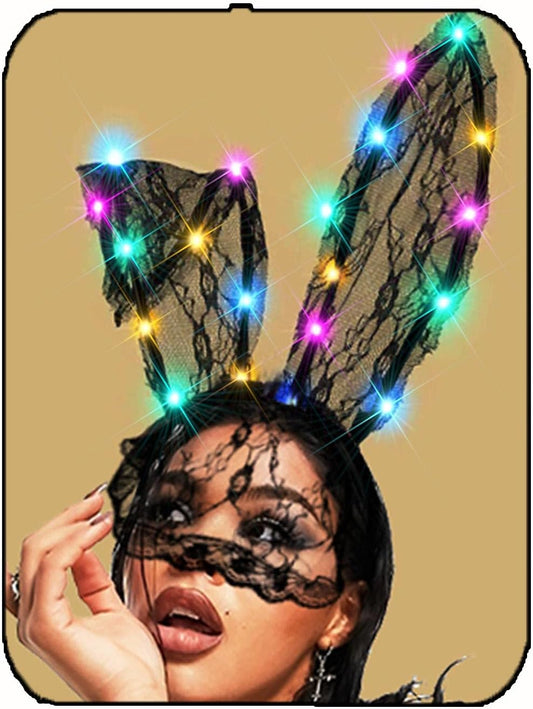 Lace Bunny Ears Light up Headband with Veil Led Black Sexy Hair Band Headpiece Halloween Masquerade Cosplay Costume Headwear Accessories for Women