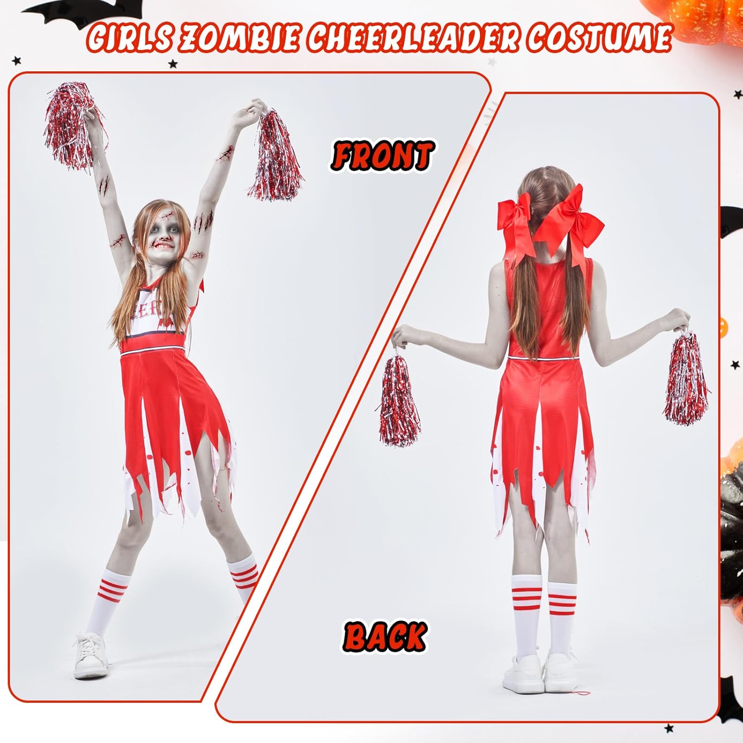 5Pcs Halloween Zombie Cheerleader Costume Set Include Dress Socks Bow Hair Rings Scar Sticker Fake Blood Spray