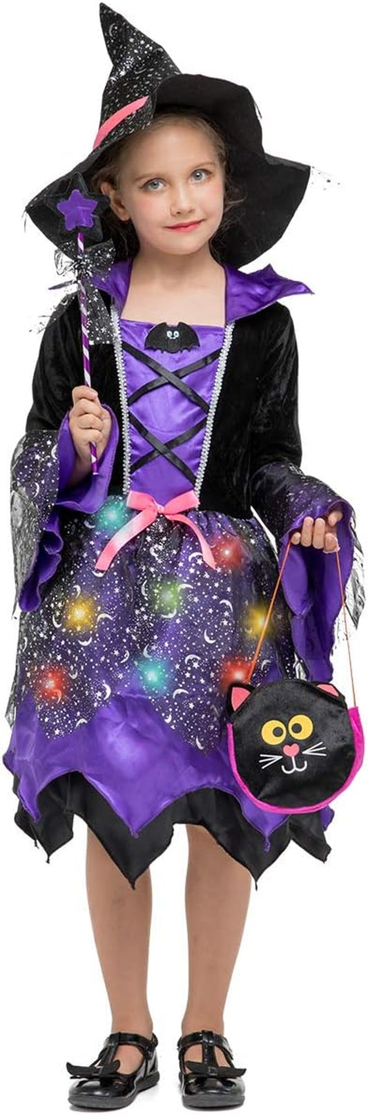 Girls Light-Up Witch Halloween Costumes Kids Fancy Dress Set